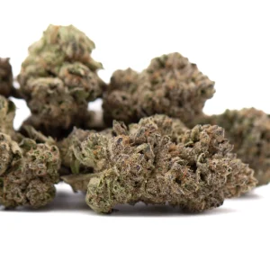 After Dark number 2 THCa hemp flower greenhouse buds with frosty trichomes and orange pistils