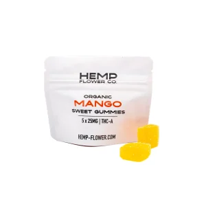 Mango sour THCa gummies infused with hemp extract featuring sugar-coated sour finish and bright mango color