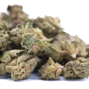 Rozay Cake THCa hemp flower greenhouse small buds with frosty trichomes and purple hues