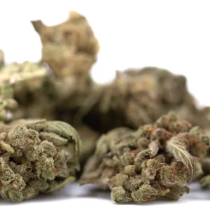 TriCross THCa flower smalls full term outdoor hemp buds with frosty trichomes